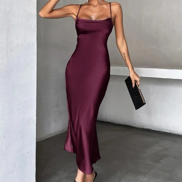 shein satin midi dress Shein Dresses | New Shein Cami Satin Backless Midi Dress Us4 | Color: Purple | Size: 4